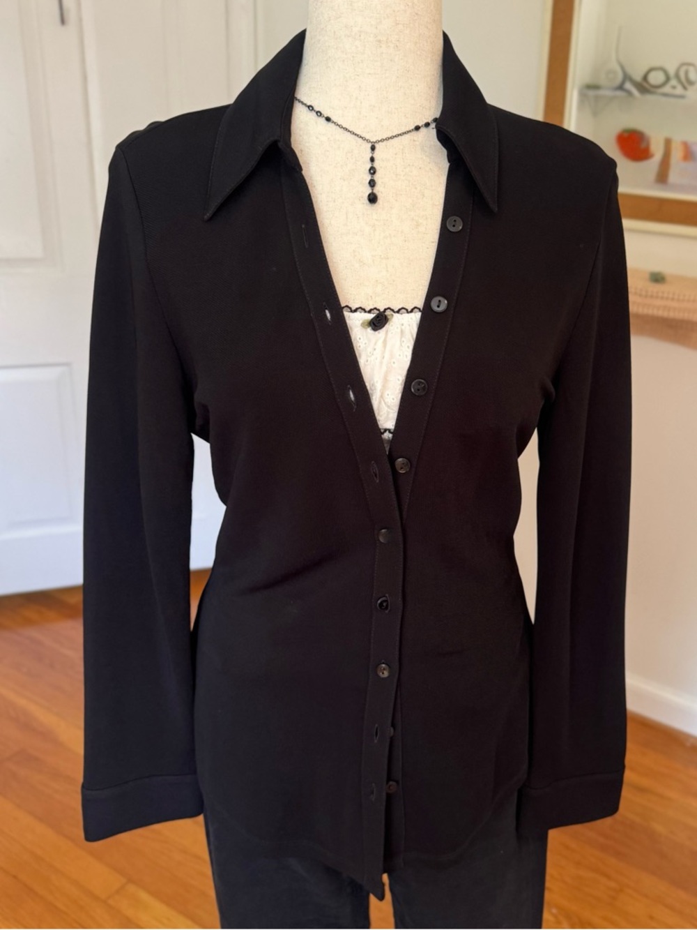 Zara Black Fitted Jersey Button Up Elevated Basic Shirt Size Large